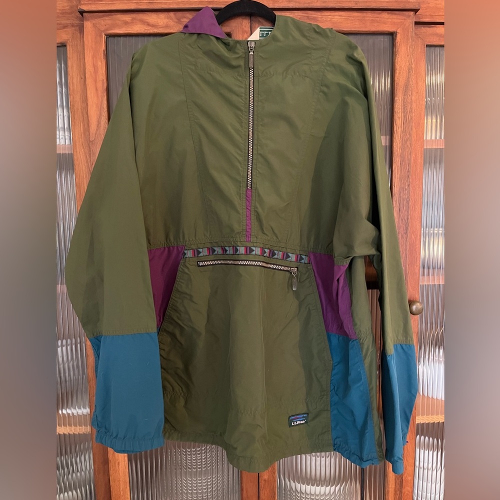 L.L. Bean Green and Blue Windbreaker Anorak half zip vintage 80s